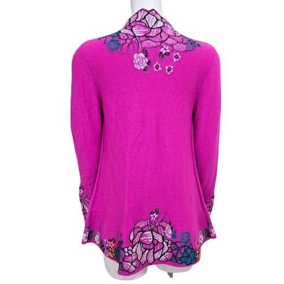 Ivko Cardigan Longer Sweater Size 36/S Superfine Merino Wool Floral Pink Fuchsia - Picture 8 of 16